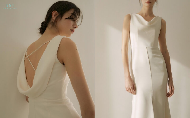 Váy lụa hở lưng với phần dây đan chéo tinh tế, không hề phản cảm mà rất sang trọng và quyến rũ