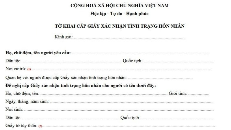 Mẫu tham khảo của tờ khai cấp giấy xác nhận tình trạng hôn nhân 