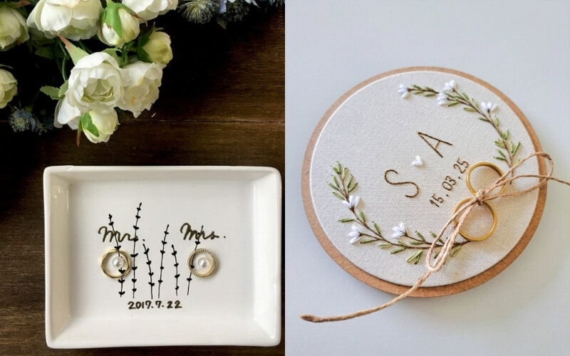 Đĩa và khung thêu đựng nhẫn cưới sáng tạo