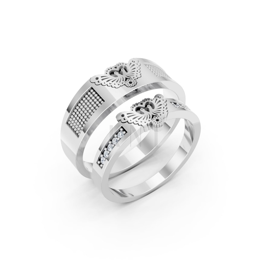 Nhẫn cưới E885 vàng trắng hoạ tiết chim uyên ương