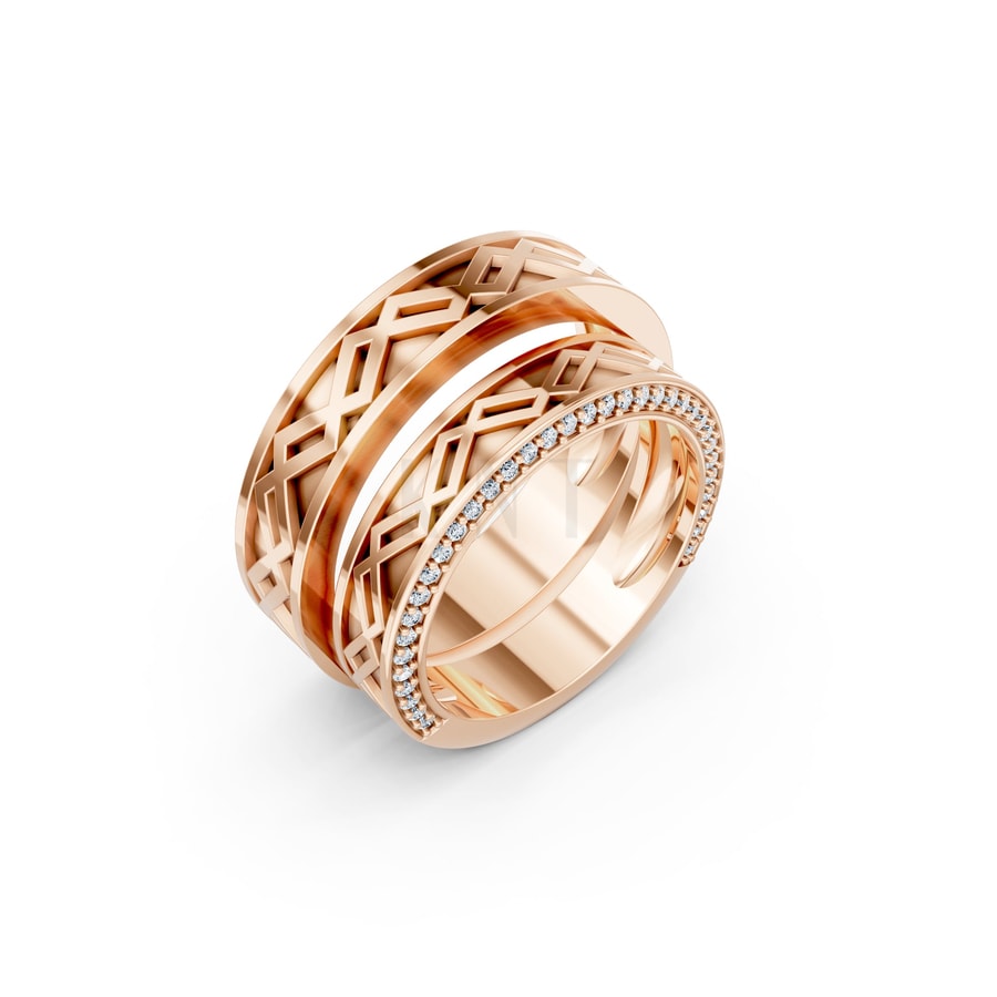 Nhẫn cưới E886 vàng hồng Rose Gold họa tiết ấn tượng, cá tính