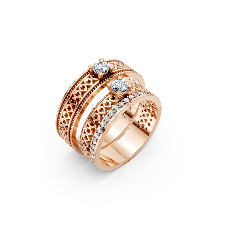 Nhẫn cưới F320 vàng hồng Rose Gold họa tiết ấn tượng, cá tính