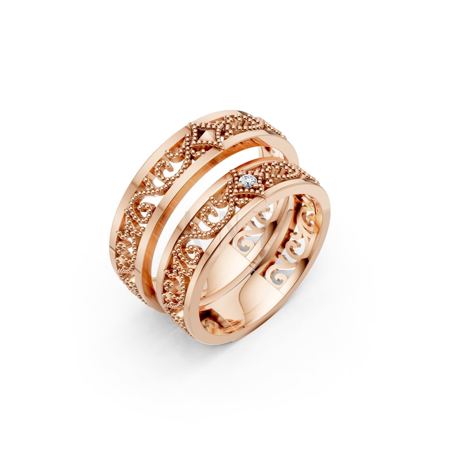 Nhẫn cưới F51 vàng hồng Rose Gold họa tiết ấn tượng, cá tính