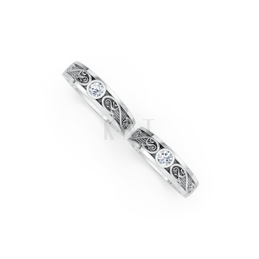 Nhẫn cưới hoa văn F32 vàng trắng White Gold kiểu dáng cá tính, hiện đại