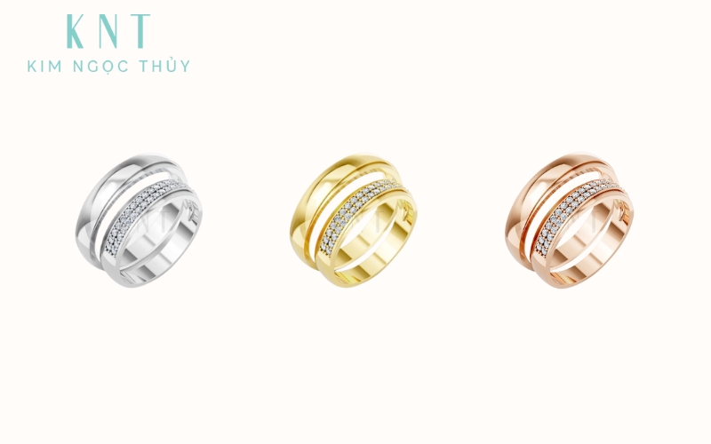 3 cặp nhẫn cưới với 3 màu trắng, vàng và hồng