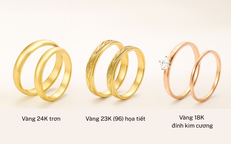 Ba cặp nhẫn cưới vàng 24K, vàng 23K (96), vàng 18K