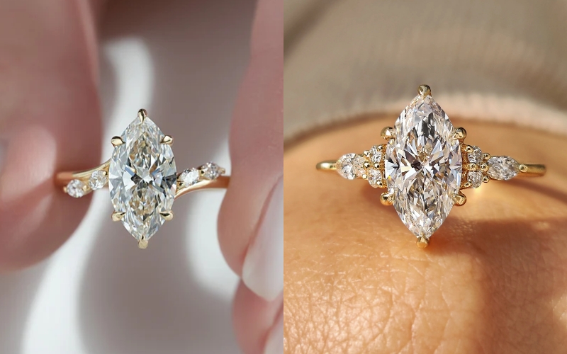Kim cương Marquise được kết hợp với nhiều kiểu vỏ nhẫn