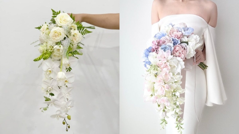 Bó hoa dạng thác được kết từ các cành hoa và lá mềm mại, thả rủ dài tựa dòng thác uyển chuyển