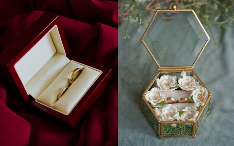 Hộp nhẫn băng nhung và bằng acrylic thể hiện phong cách khác nhau