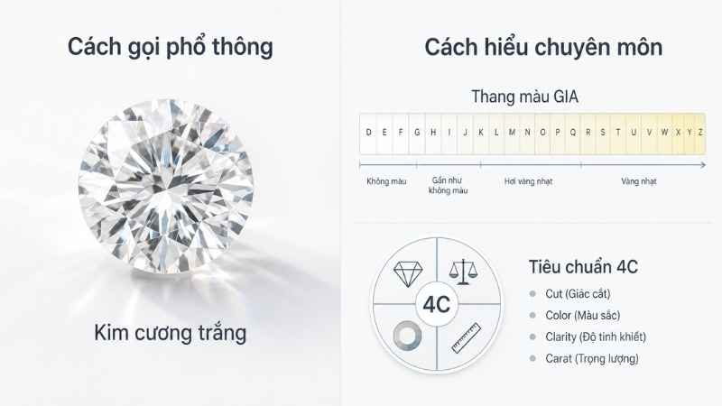 Kim cương trắng là những viên kim cương có vẻ ngoài trắng sáng, trong suốt hoặc gần như không màu