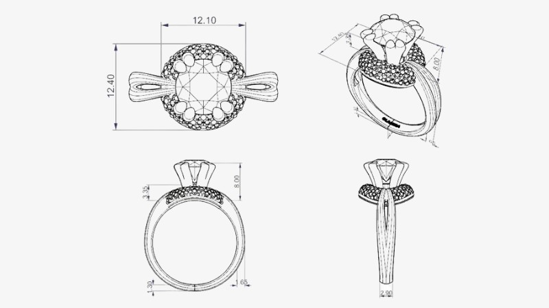 Bản vẽ thiết kế 3D của mẫu nhẫn cầu hôn đính kim cương