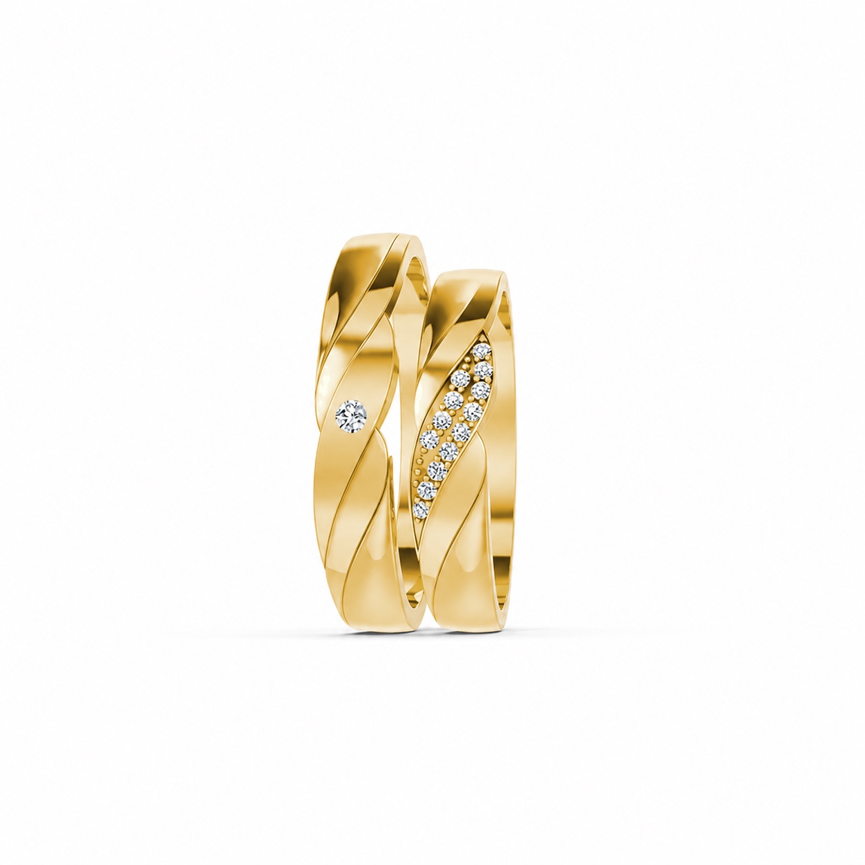 Nhẫn cưới E177 hiện đại với các đường xoắn uốn cong nhẹ nhàng màu Vàng Gold mặt nhẫn chạm khắc tinh xảo, độc đáo
