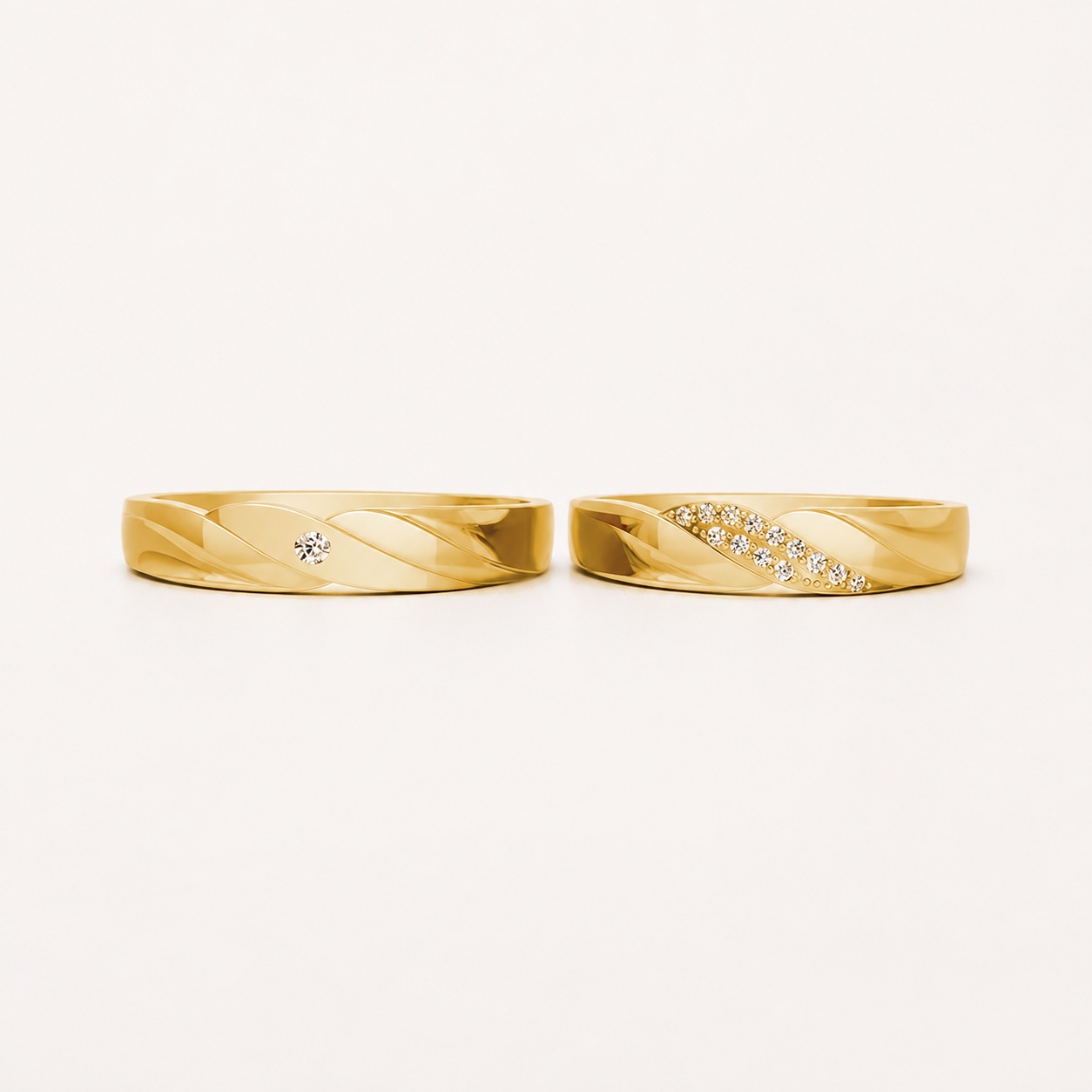 Nhẫn cưới E177 hiện đại với các đường xoắn uốn cong nhẹ nhàng màu Vàng Gold đính đá trắng, thiết kế phá cách, sang trọng